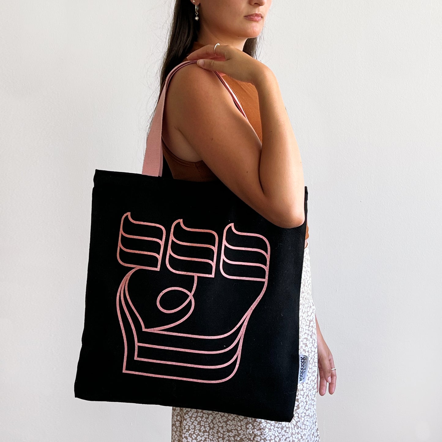 Pink Shin Calligraphy Tote: Black Cotton Chic